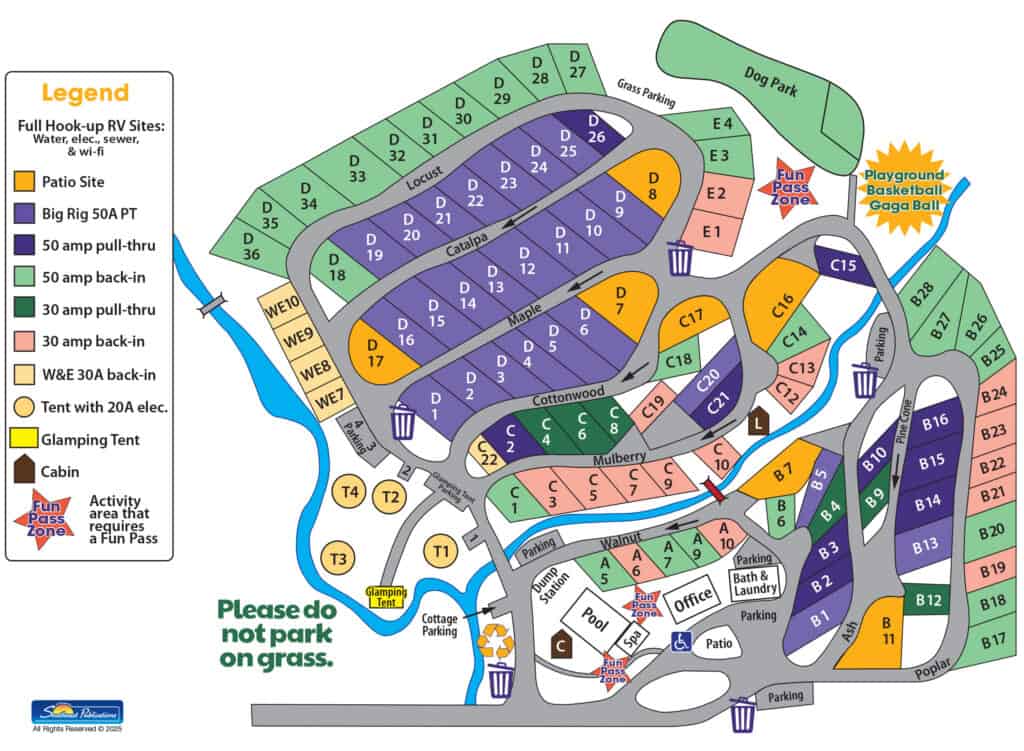Map of a campground showing numbered RV sites, cabins, tent areas, parking, office, restroom locations, and recreational areas including a dog park and playground—please refer to Campground Guidelines during your stay.